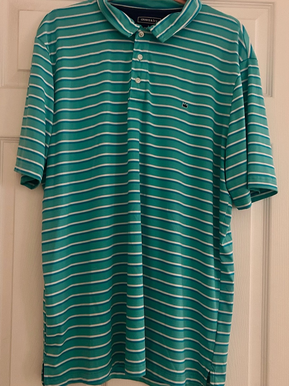 crown & ivy Teal and White Striped Polo Shirt